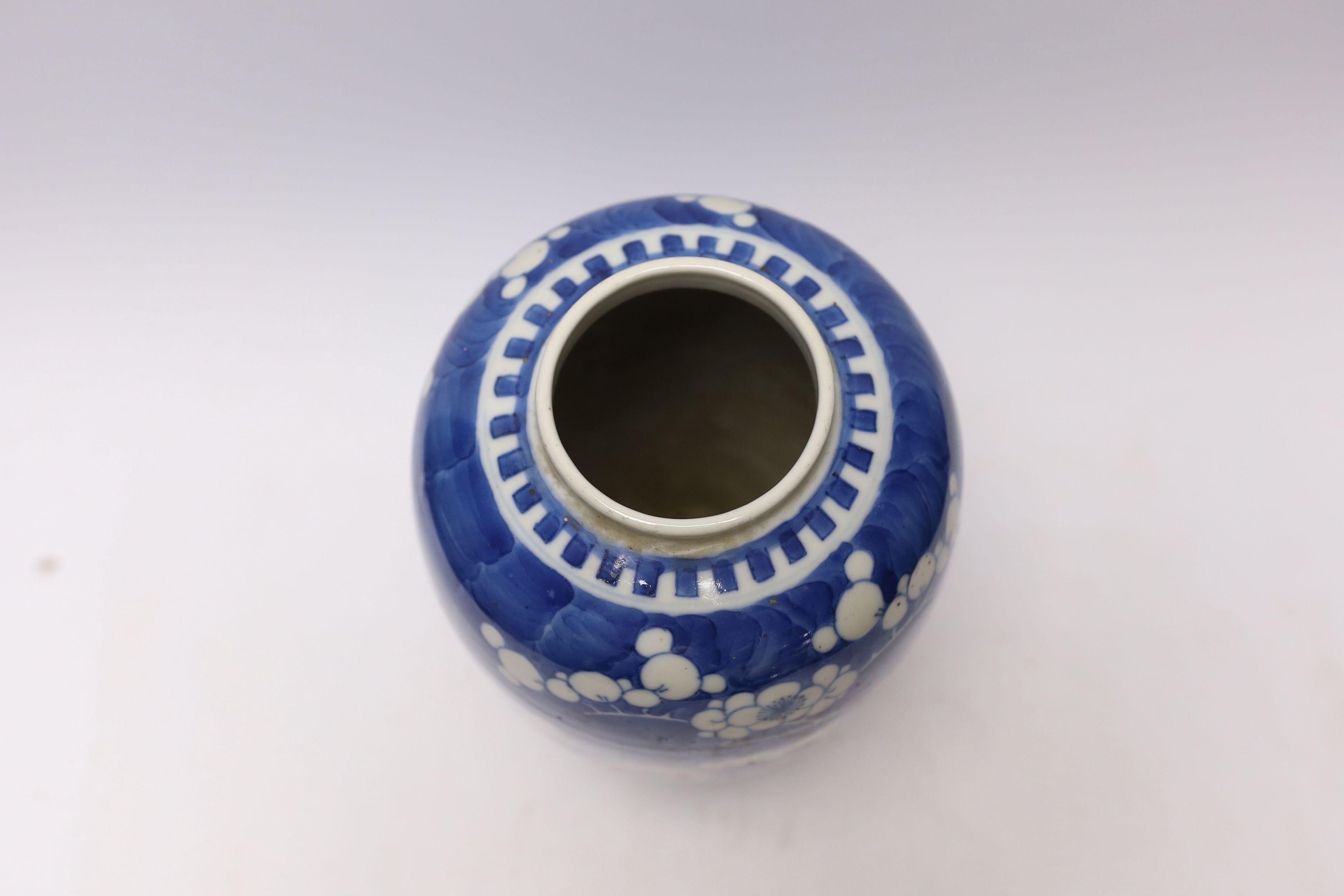 A Chinese blue and white 'prunus' ovoid jar, 19th century, 24cm high
